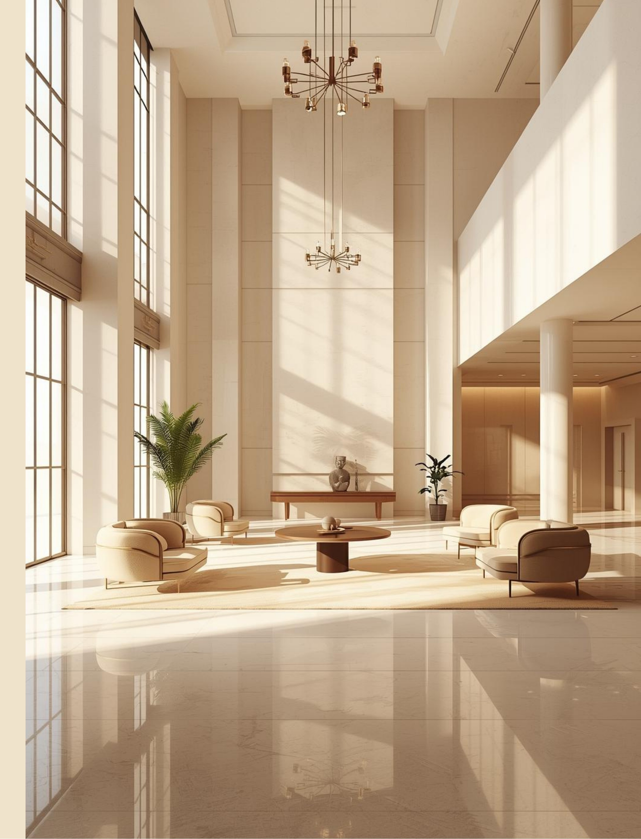 Luxury hotel lobby with warm sunlight and modern furnishings